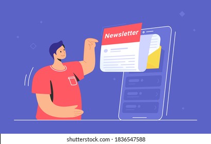 Newsletter subcription online in mobile app. Flat vector illustration of smiling man pointing to a big smartphone with new monthly letter flying out of screen to be up-to-date and get news and updates