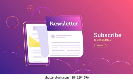 Newsletter subcription online in mobile app. Vector gradient illustration of big smartphone with new monthly letter flying out of screen for staying up-to-date and get news and updates