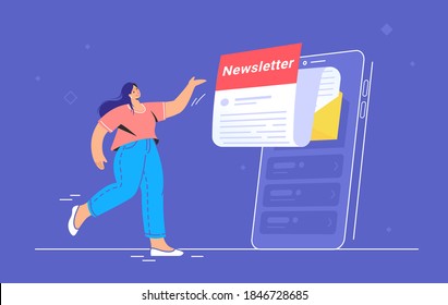 Newsletter subcription online in mobile app. Flat vector illustration of smiling woman pointing to big smartphone with new monthly letter flying out of screen to be up-to-date and get news and updates