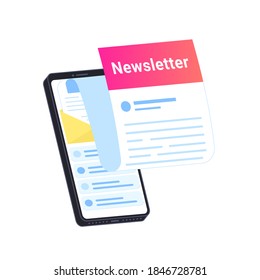 Newsletter subcription online in mobile app. Flat vector illustration of big smartphone with new monthly letter flying out of screen for staying up-to-date and get news and updates on white background