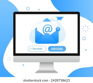 Newsletter subscription banner. Subscribe button on computer screen. Online marketing and business. Open envelope with letter and paper plane. Template for mailing and newsletter. Vector illustration