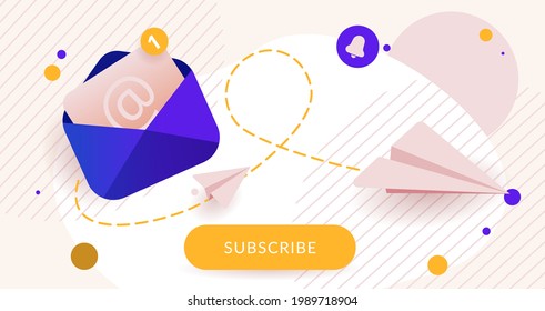 Newsletter Subscription Banner. Vector Illustration For Online Marketing And Business. Open Envelope With Letter And Notification, Paper Plane. Template For Mailing And Newsletter.