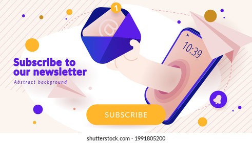 Newsletter subscription banner. Vector illustration for online marketing and business. Open envelope with letter in a hand, smartphone screen and paper planes. Template for mailing and newsletter.