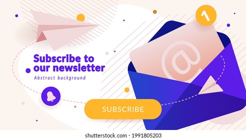 Newsletter subscription banner. Vector illustration for online marketing and business. Open envelope with letter and paper planes. Template for mailing and newsletter.