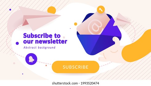 Newsletter subscription banner. Vector illustration for online marketing and business. Open envelope with letter in a hand and paper planes. Template for mailing and newsletter.