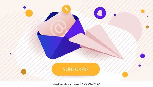 Newsletter Subscription Banner. Vector Illustration For Online Marketing And Business. Open Envelope With Letter And Notification Screen And Paper Plane. Template For Mailing And Newsletter.