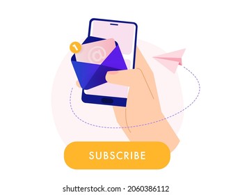 Newsletter Subscription Banner. Vector Illustration For Online Marketing And Business. Open Envelope With Letter Coming Out Of Smartphone Screen. Smartphone In A Hand. Template For Mailing