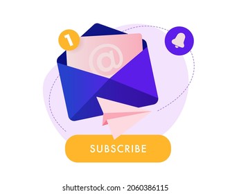 Newsletter subscription banner. Vector illustration for online marketing and business. Open envelope with letter and paper plane. Template for mailing and newsletter or banner.