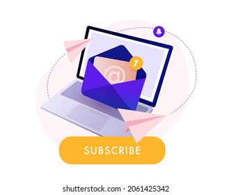 Newsletter subscription banner. Vector illustration for online marketing and business.Open and closed envelope with letter coming over laptop screen.Flying paper planes. Mailing or newsletter template