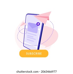 Newsletter subscription banner. Vector illustration for online marketing and business. Closed envelope on smartphone screen with flying paper planes. Template for mailing and newsletter.