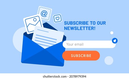 Newsletter Subscription Banner. Vector Illustration For Online Marketing And Business. Open Envelope With Different Documents And Photos Flying Out. Template For Mailing And Newsletter.