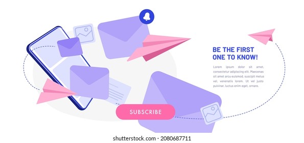 Newsletter subscription banner. Vector illustration for online marketing and business. Smartphone with flying envelopes and paper planes. Template for mailing and newsletter.