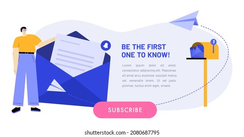 Newsletter subscription banner. Vector illustration for online marketing and business. Man with big envelope near the mailbox and flying paper planes. Template for mailing and newsletter.