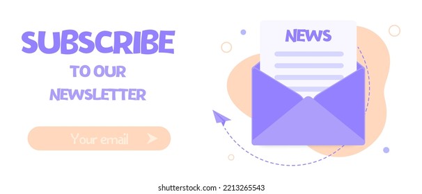 Newsletter Subscription Banner. Vector Illustration For Online Marketing And Business. Open Envelope With Document Flying Out. Template For Mailing And Newsletter