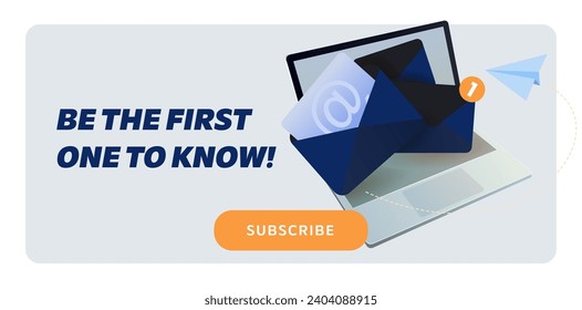 Newsletter subscription banner. Vector illustration for online marketing and business. Open laptop with envelope and flying paper plane. Template for mailing and newsletter.