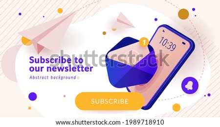 Newsletter subscription banner. Vector illustration for online marketing and business. Open envelope with letter coming out of smartphone screen and paper planes. Template for mailing and newsletter.