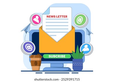 Concepto de Suscripción de boletín, sobre abierto con documento en la pantalla del dispositivo, marketing por correo electrónico. Plantilla para el envío de correos y boletines. Ilustración vectorial para marketing online y negocios.