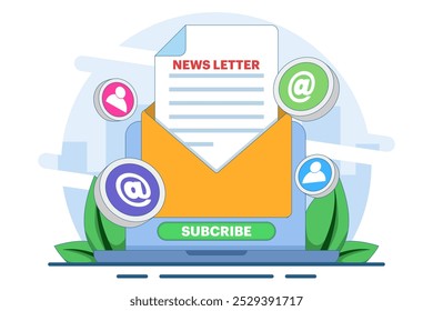 Newsletter subscription concept, Open envelope with document on device screen, Email marketing. Template for mailing and newsletters. Vector illustration for online marketing and business.