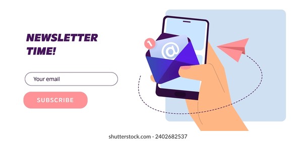 Newsletter subscription form. Vector illustration for online marketing and business. Hand with smartphone and envelope, paper planes. Template for mailing and newsletter.