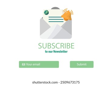Newsletter Subscription Icon with Email Envelope and Notification Bell for Signup Forms. Green newsletter. Notification management. Eco notifications	