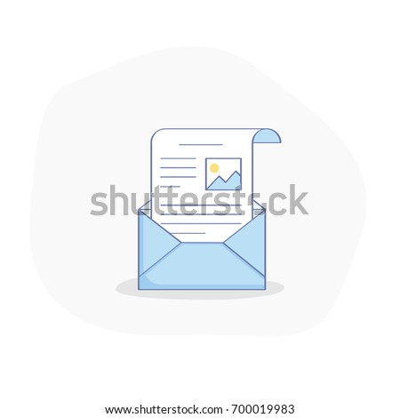 Newsletter, subscription illustration concept, open email envelope with news letter inside. Flat line vector icon concept. UX / UI element for web and mobile design.