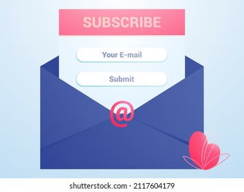 Newsletter subscription news offers, promotions Vector illustration banner of email marketing Follow me Subscribe Submit Send by mail Open blue envelope with letter