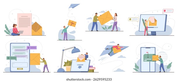 Newsletter subscription, people sending and receiving emails in internet. Vector isolated characters using smartphones, tablets and personal computers to work with correspondence and communicate