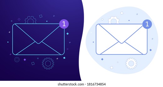 Newsletter subscription vector concept with black and white background, dark ultra violet neon glowing thin icon and light-blue illustration. E-mail Newsletter envelope marketing advertising message