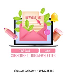 Newsletter subscription vector web form, popup template, laptop, envelope, letter, notification bell. Email internet marketing, website sign up design. Digital online mailbox, newsletter subscription 
