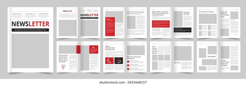 Newsletter Template Layout with Red Accents, Journal Design, Vector