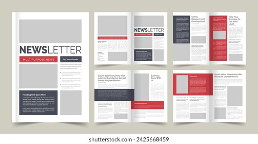 Newsletter Template Layout with Red Accents, Journal Design, Vector