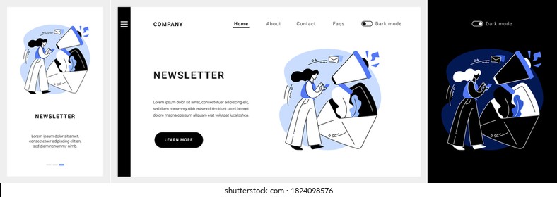 Newsletter website UI kit. Subscribe for latest news, newsletter website tab, menu bar, UI, get updates, company web page, sign for promotion, news mail landing and mobile app vector UI template.
