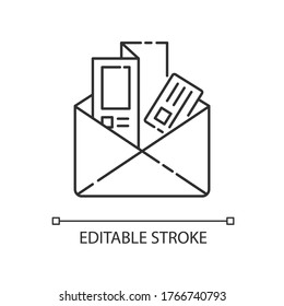 Newsletters and brochures pixel perfect linear icon. Document pages in folder. Thin line customizable illustration. Contour symbol. Vector isolated outline drawing. Editable stroke