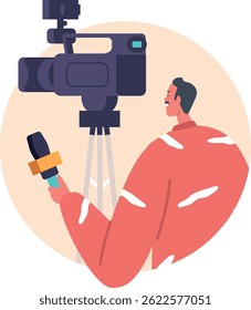 Newsman filming live interview vector illustration