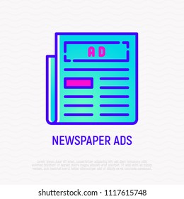 Newspaper ad on front page thin line icon. Modern vector illustration.