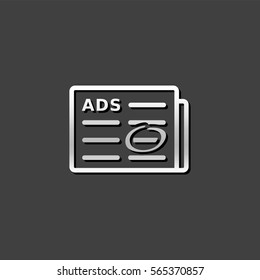 Newspaper ads icon in metallic grey color style. Traditional promotion advertising