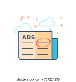 Newspaper ads icon in outlined flat color style. Vector illustration.