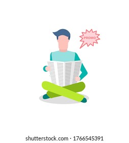 Anuncio de periódico, hombre leyendo vector de información. Comercialización de medios de comunicación impresos, tecnología de radiodifusión, editoriales de noticias y lectores con papel