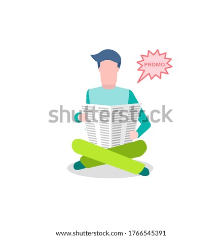 Newspaper advertisement, man reading information vector. Marketing on print mass media, broadcasting technology, news editorial and reader with paper