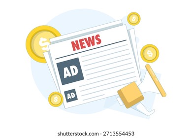 Ilustración vectorial de publicidad en periódicos, que representa campañas de marketing, promoción y publicidad para empresas, medios impresos y conceptos de conciencia de marca.