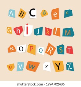 Newspaper alphabet. Ransom note. Color retro paper style letters. Different cutout letters. Text Handmade font. Anonymous psycho typography character for message. Vector illustration.