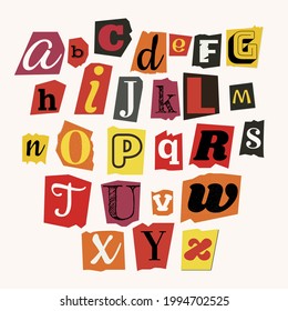 Newspaper alphabet. Ransom note. Color retro paper style letters. Different cutout letters. Text Handmade font. Anonymous psycho typography character for message. Vector illustration.