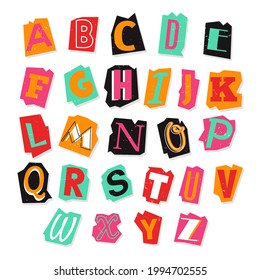 Newspaper alphabet. Ransom note. Color retro paper style letters. Different cutout letters. Text Handmade font. Anonymous psycho typography character for message. Vector illustration.