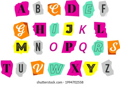 Newspaper alphabet. Ransom note. Color retro paper style letters. Different cutout letters. Text Handmade font. Anonymous psycho typography character for message. Vector illustration.