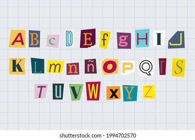 Newspaper alphabet. Ransom note. Color retro paper style letters. Different cutout letters. Text Handmade font. Anonymous psycho typography character for message. Vector illustration.