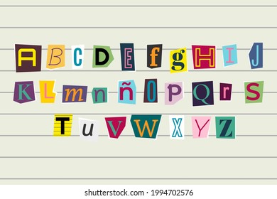 Newspaper alphabet. Ransom note. Color retro paper style letters. Different cutout letters. Text Handmade font. Anonymous psycho typography character for message. Vector illustration.