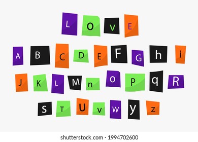 Newspaper alphabet. Ransom note. Color retro paper style letters. Different cutout letters. Text Handmade font. Anonymous psycho typography character for message. Vector illustration.