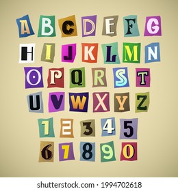 Newspaper alphabet. Ransom note. Color retro paper style letters. Different cutout letters. Text Handmade font. Anonymous psycho typography character for message. Vector illustration.