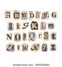 Newspaper alphabet. Ransom note. Color retro paper style letters. Different cutout letters. Text Handmade font. Anonymous psycho typography character for message. Vector illustration.
