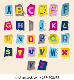 Newspaper alphabet. Ransom note. Color retro paper style letters. Different cutout letters. Text Handmade font. Anonymous psycho typography character for message. Vector illustration.